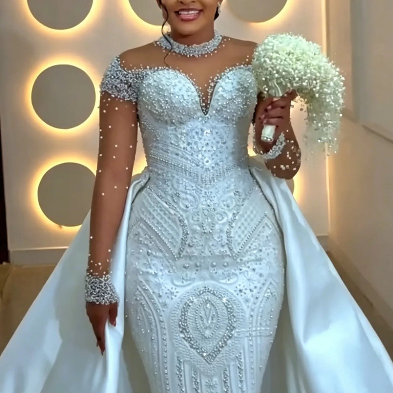 Luxury Off Shoulder Mermaid Wedding Dress High Collar - View 5 | SAMAG