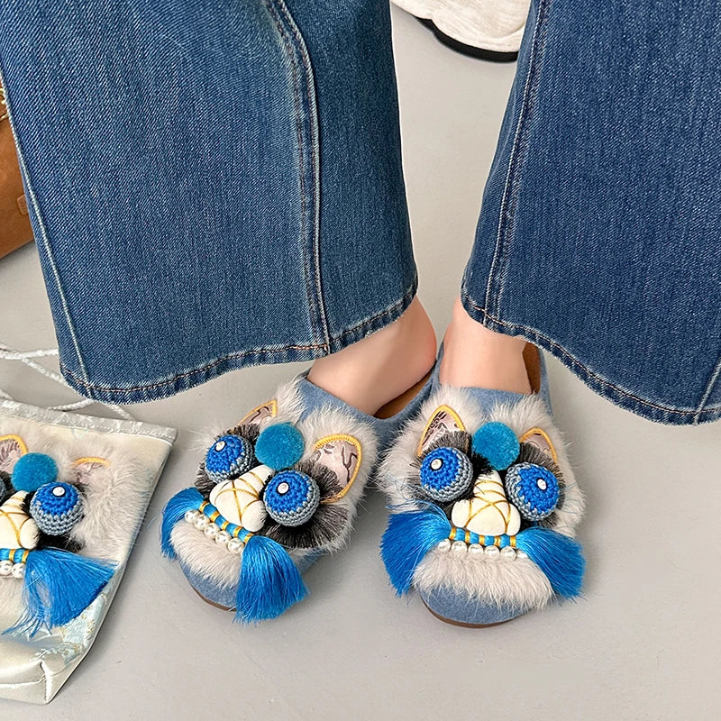 Women Chinese Style Lion Head Slippers Vintage Ethnic Open Toe Clogs Plush Warm Indoor Outdoor Casual Fashion Slide Footwear