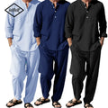 New Long Sleeve Henley Shirt Pants Suit Men Lightweight Breathable Streetwear Solid Color Business Button Polo | SAMAG
