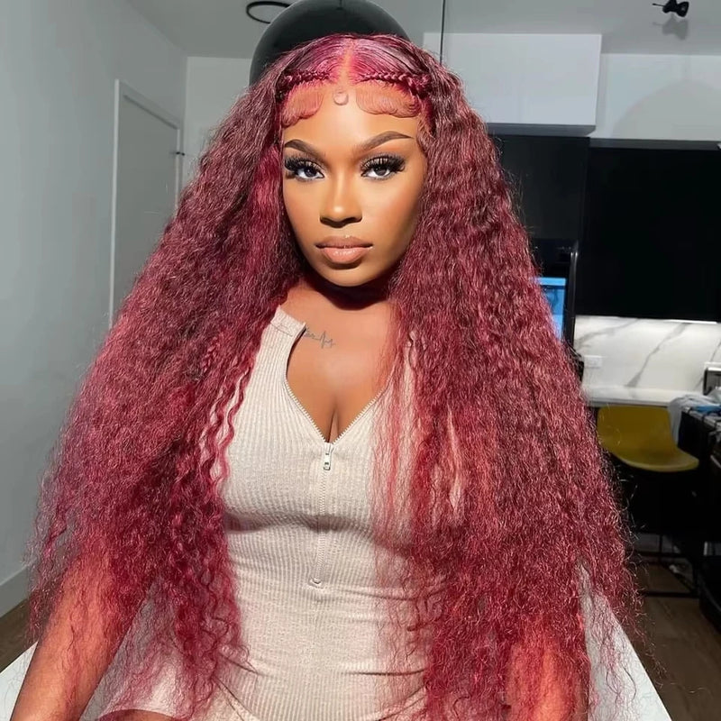 30 Inch 99J Deep Wave Lace Front Wig 13x6 Human Hair Lace Frontal Wig Colored Curly Human Hair Wigs 250 Density
