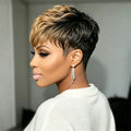 Pixie Cut Human Hair Wig Full Machine Made Black Honey Blonde Ombre 6 Inch Curly Layer Short Wig For Black Women Daily Party