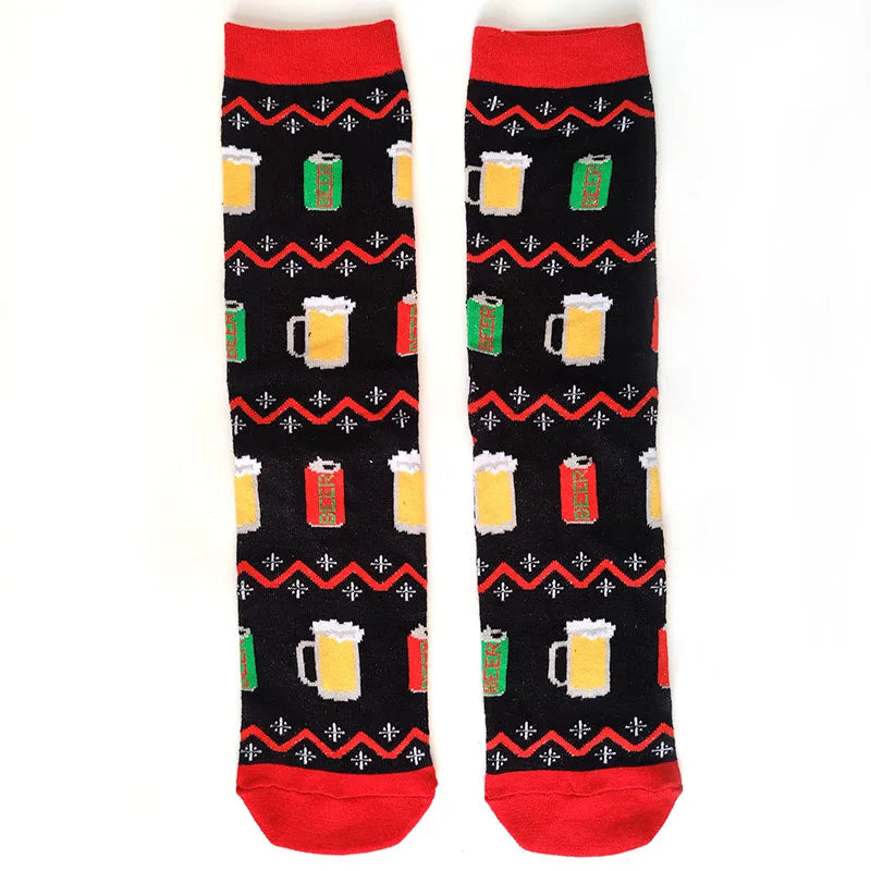 2025 New Men Christmas Socks New Year Funny Snowflake Beer Santa Claus Elk Snow Cotton Happy Socks Men Cartoon Women Sokken