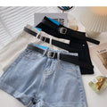 Korean Summer Wide Leg High Waist Denim Shorts With Belt Women Fashion Pocket Hot Pants Streetwear Casual Cowboy Jeans Shorts