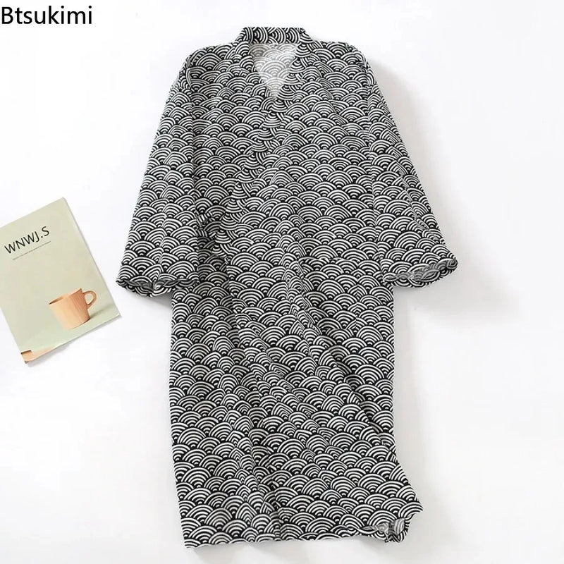 2026 New Men's 100% Cotton Gauze Bath Robes Loose Thin Japanese Kimono Pajamas for Men Casual Lace Up Bathrobes V-Neck Nightgown