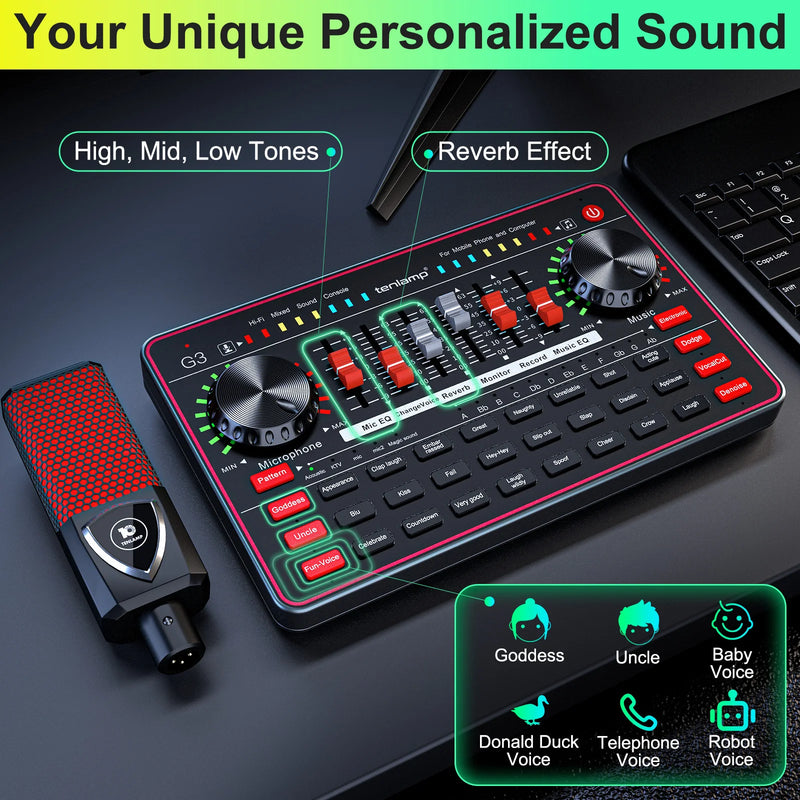 Tenlamp G3 Podcast Equipment Bundle Kit, Studio Sound Card Audio Mixer with Dynamic Condenser Wireless Mic, DJ Mixing Station Voice Changer for PC Smartphone Gaming Streaming Singing Recording YouTube