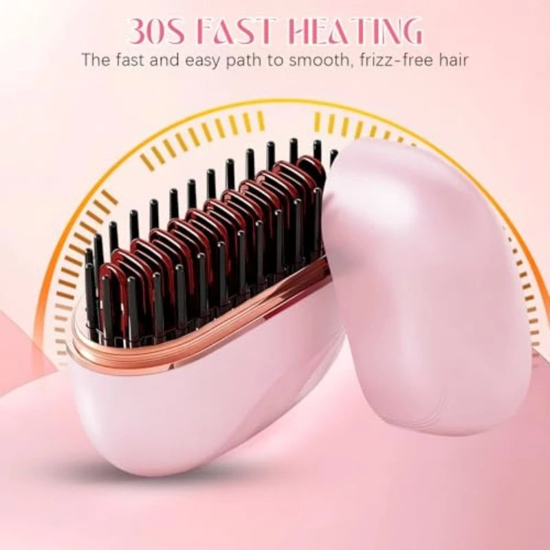 Mini Cordless Hair Straightener Brush, Rechargeable 3-Speed Temp Control, Anti-Scald Portable Travel Hair Styling Comb