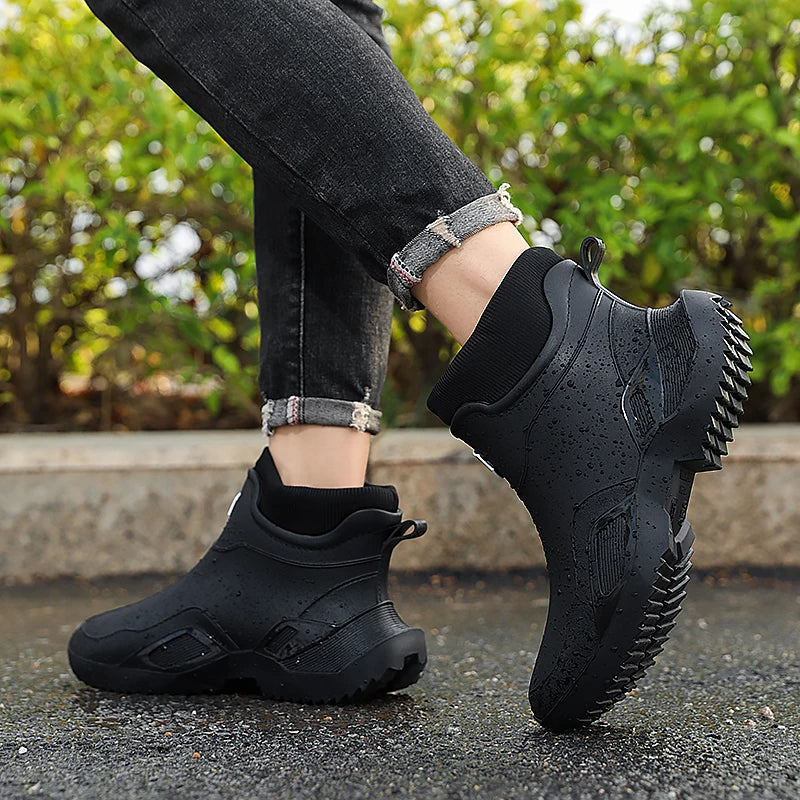 Men's waterproof new outdoor fashion casual rain boots thick anti slip high top wear-resistant comfortable work velvet chef shoe