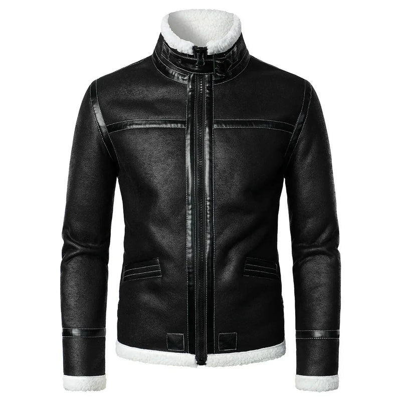 Winter Men Fleece-Lined Thicken Fur Integrated Leather New Men Leather Clothing with Stand Collar Lambswool Leather Jacket