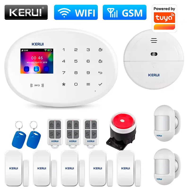 KERUI Home Security Protection WIFI GSM Alarm System Kit Works with Tuya Support Alexa with Door Opening Sensor Motion Detector