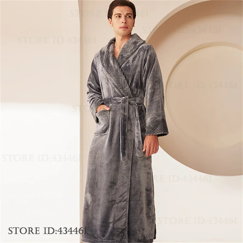 Large Size Flannel Men's Long Robe Kimono Gown Winter Thicken Sleepwear Loungewear Loose Coral Fleece Couple Pajama Home Clothes