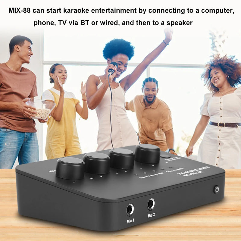 Portable Karaoke Microphone Mixer 3.5mm AUX BT Connection Dual Mic Inputs Digital Audio Mixer for DJ Sound Home Party & Theater