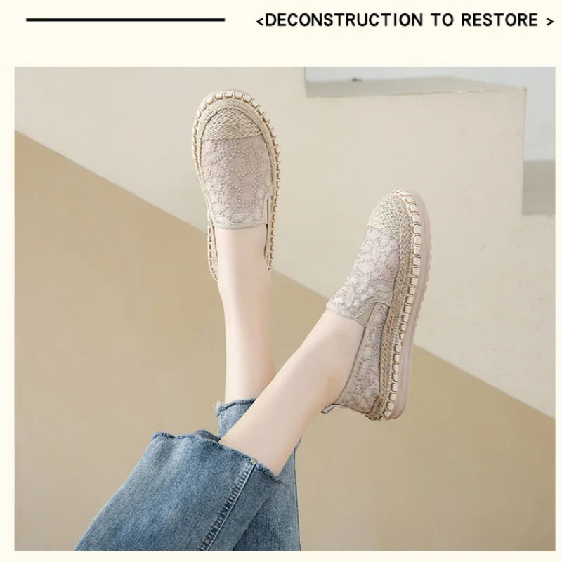 2025 Designer Shoes Braided Lace Patchwork Comfortable Flats Slip-on Shoes For Woman Casual Loafers Round Toe Zapatos De Mujer