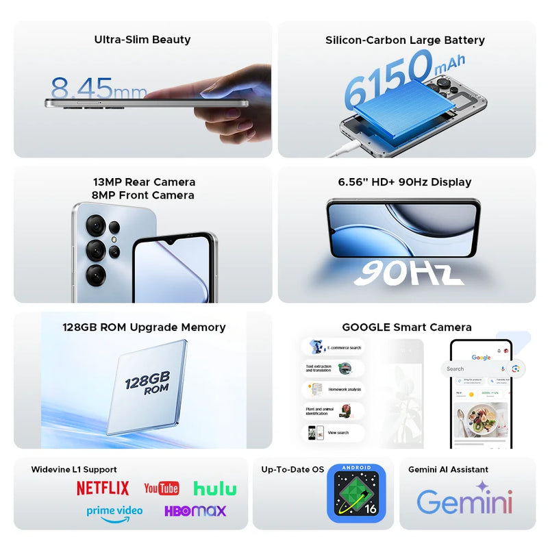 DOOGEE Note56 X PRO Mobile Phone 8.45mm Slim Body 6150mAh Battery Gemini Al Assistant Widevine L1 Android 16 Smartphone NFC