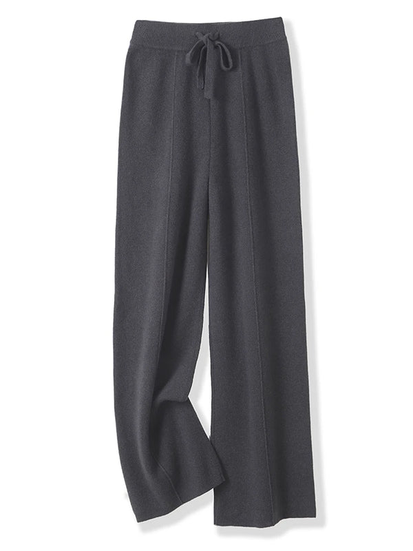 100% Merino Wool Pants Women Autumn Winter Casual Wide Leg Trousers Middle Seam Style Knitted Cashmere Soft Lace-up Trendy Pants