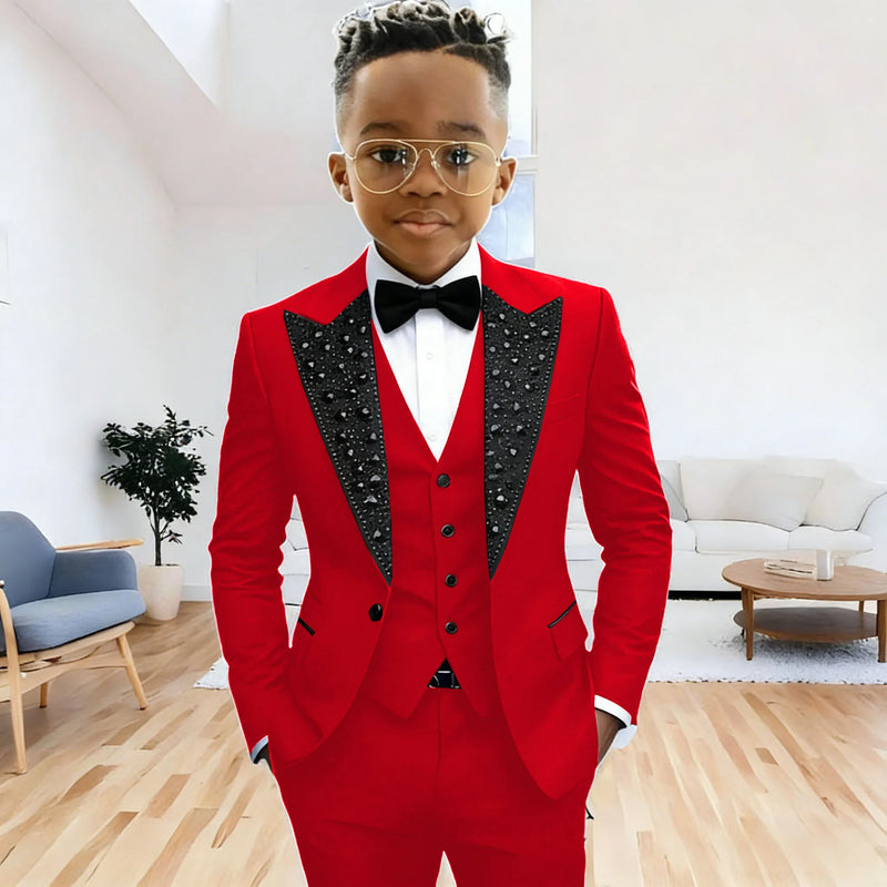 Black Suit for Boys Evening Party Tuxedo Kids Wedding Beaded Crystals Suit 3 Piece Boy Suit Jacket Pants Vest Formal Prom Dress