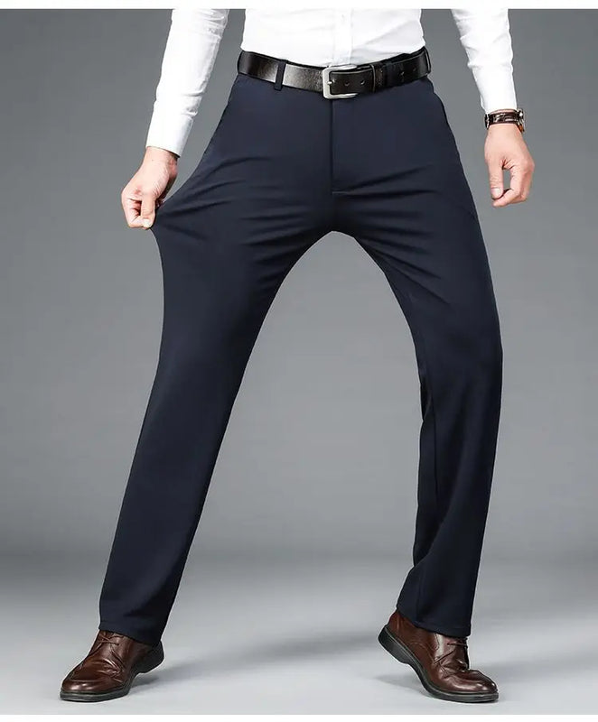 Winter Fleece Warm Business Formal Pants Men Classic Work Office Grey Elastic Waist Suit Thicked Thermal Trousers Plus