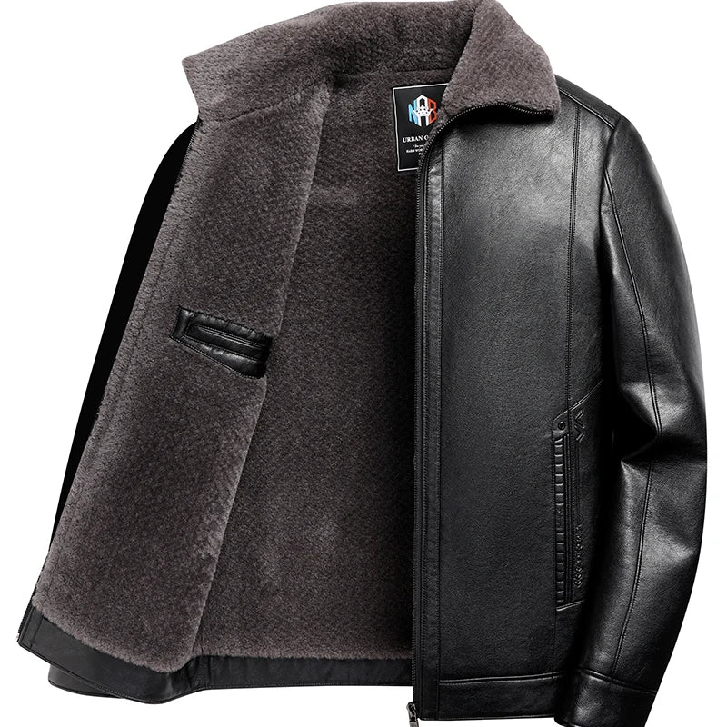 Add Fleece and Thickening Winter Dad Leather Jacket for Middle-aged Grandpa Fur Collar Middle-aged Men's Coat for Warmth