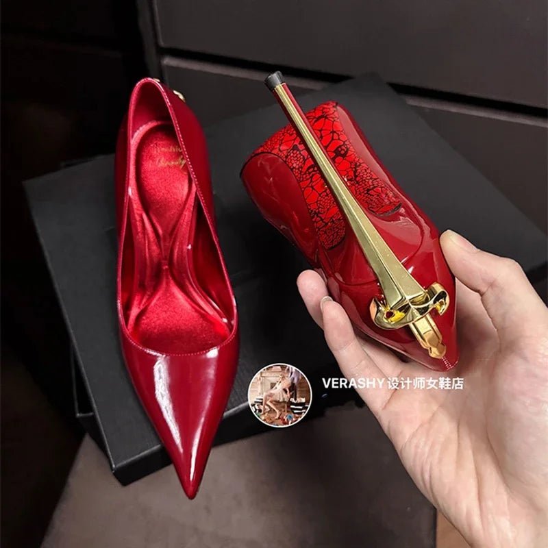 Red Bottom Metal Wand Sexy Sword Pointed Toe Thin Heel Evening Single High Heel Printed Bottom Comfortable Wear Ultra High Heels