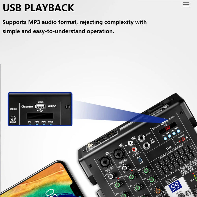 FUHAM 4 Channel Audio Mixer Bluetooth USB DJ Console 48V Phantom Power for Studio Karaoke Streaming