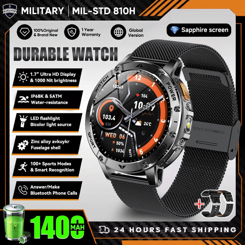 Military Grade Alloy Smartwatch 1400mAh Long Standby Waterproof SOS Emergency Flashlight BT Call Outdoor Sports Watch For Men