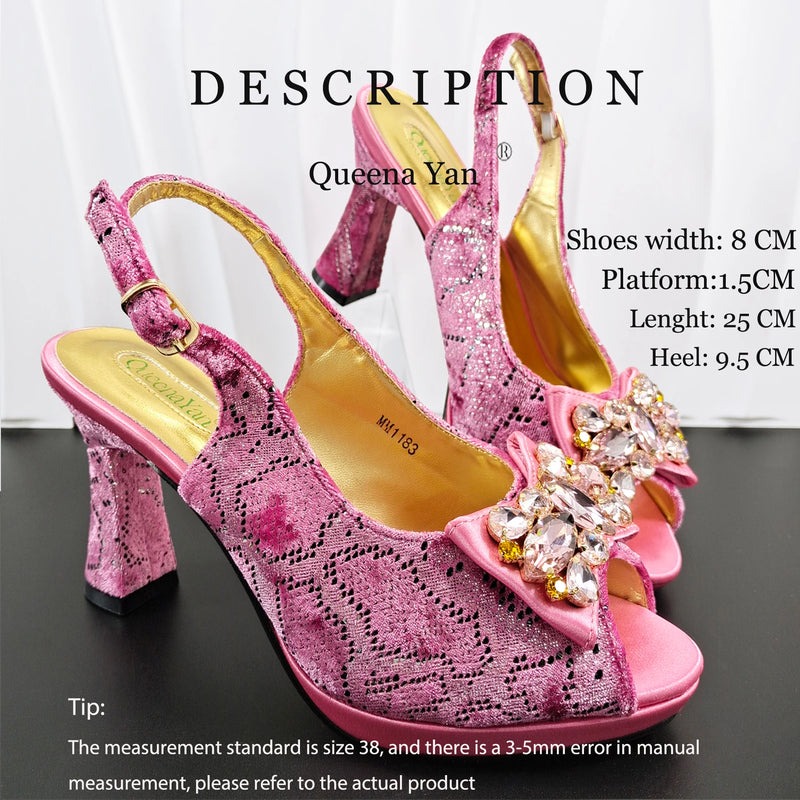 New Arrive Peep Toe Heels Bigger Size for Women 2026 Elegant Party Pink Color Diamond Pumps Italian Shoes and Bags Matching Set