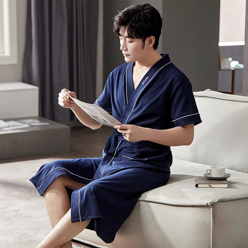 Fashion Bathrobe New Style Thin Cotton Knited Men Robes V Neck Mens Sexy Sleepwear Summer Male Kimono Short Sleeve Pajamas L-4XL