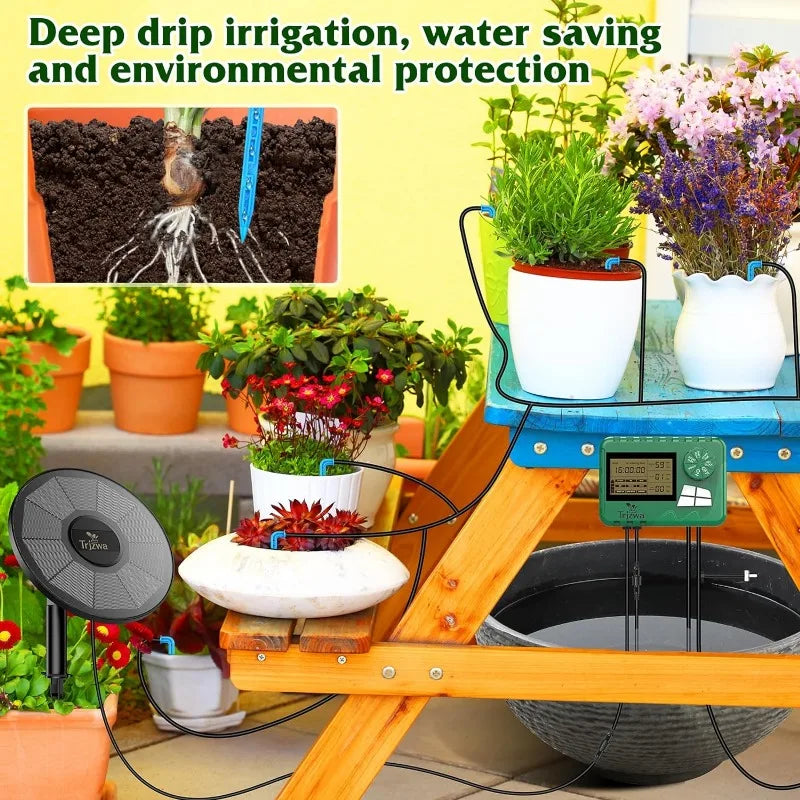 Solar Irrigation Equipment Greenhouse Irrigation Drip Irrigation Kit with 15M Hose for Potted Plants with Automatic Timer
