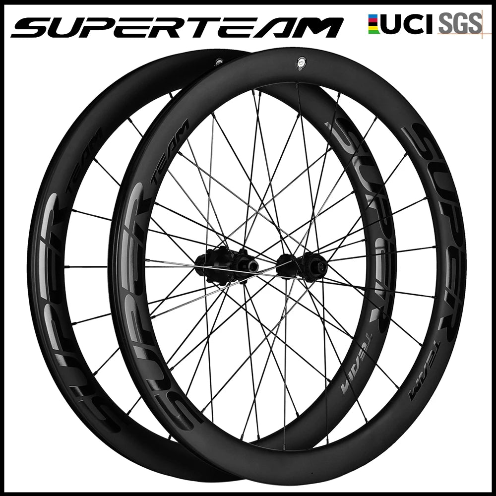 SUPERTEAM 700C Disc Brake Carbon Wheels UCI Quality Carbon Rim Tubeless Clincher Road Bike Wheels HG/XDR