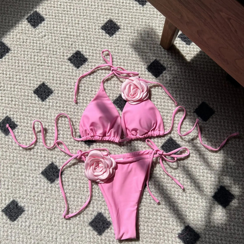 Sexy 3D flower bikinis sets triangle two pieces rose | SAMAG
