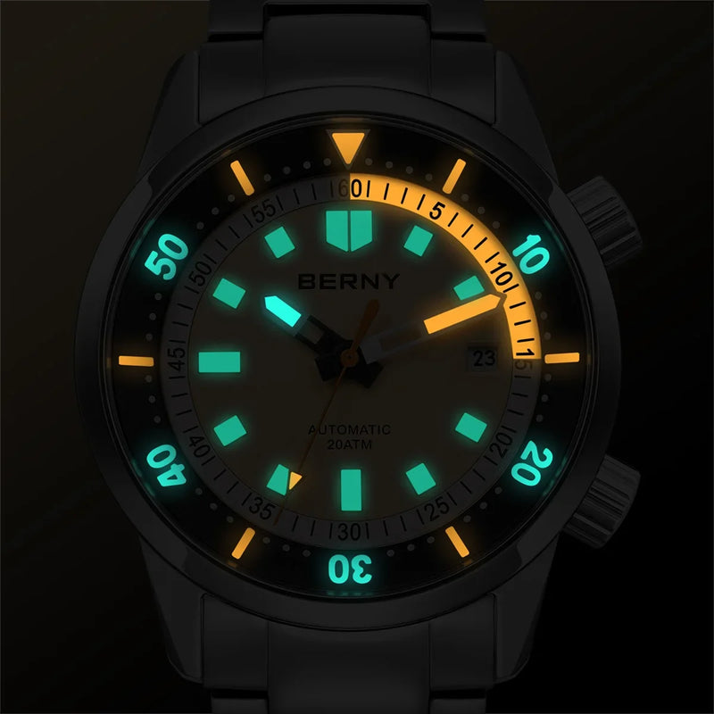 BERNY Automatic Diving Watches for Men 20ATM Super Luminous Mechanical Men's Diver Watch Sapphire Full Stainless Steel Dive