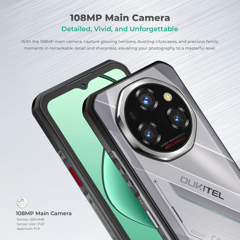 Oukitel WP62 5G Rugged Smartphone Android 15, 6.6" FHD+ 108MP Camera 48GB(16+32) +512GB Mobile Phone, 11000mAh 33W Cellphone