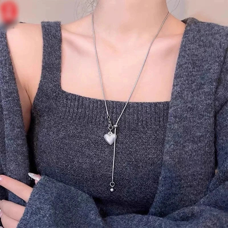 Stainless Steel Long Necklace with Heart Pendant Adjustable Chain Sweater Chain for Women Fashion Jewelry Accessories 2025