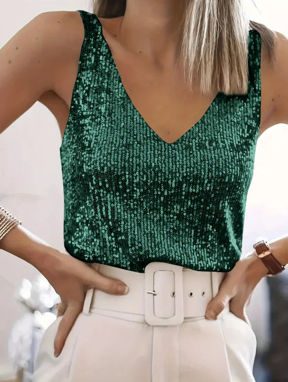 Women Sequin V Neck Tank Top Sleeveless Sparkly Camisole - View 5 | SAMAG
