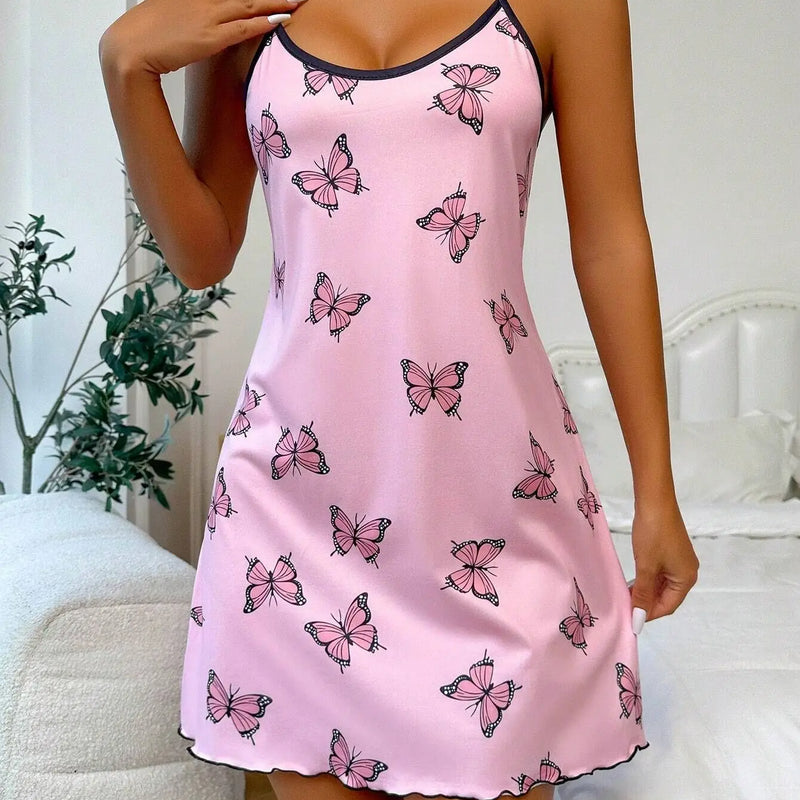 New Fashion Butterfly Print Nightgown for Women Black | SAMAG