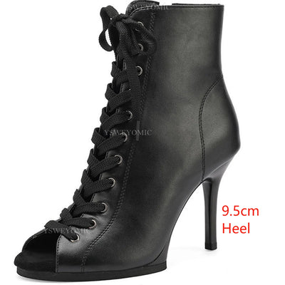 Dance Booties 9.5cm Heels Black Leather Outdoor Latin | SAMAG
