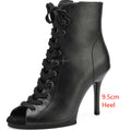 Dance Booties 9.5cm Dance Heels Black Leather Outdoor Latin Salsa Jazz Women Girls Dance Shoes
