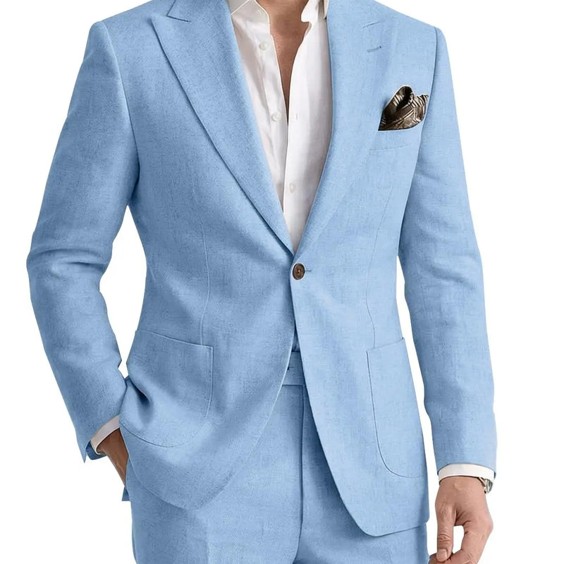 Men's 2 Pieces Linen Suits Casual Lightweight Summer Beach Groom Wedding Suit Linen Blazer Pants Set