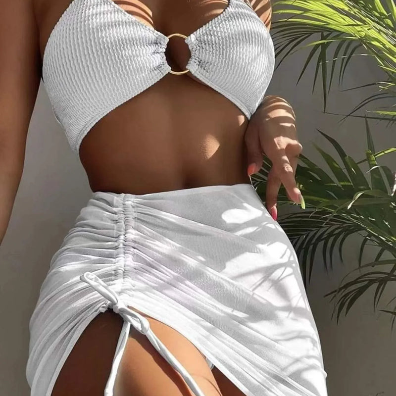 New High Elastic Bikini Set for Summer Three-piece Solid | SAMAG