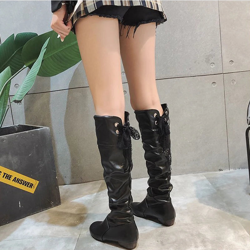 Shoes For Women  Knee High Boots Red Black White Tall Boots Woman Pleated Low Heel Casual Leather Female Long Shoes 2024