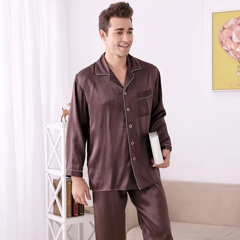 100% Mulberry Silk Pajamas Spring and Summer Long-sleeved Two-piece Set  Noble Men's Home Wear Silk Suit Sleepwear Nightwear