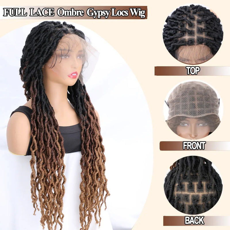 Ombre Faux Locs Wig with Baby Hair Square Part Full Lace Synthetic Braided Lace Front Wig Knotless Braided Wig with Curly Ends