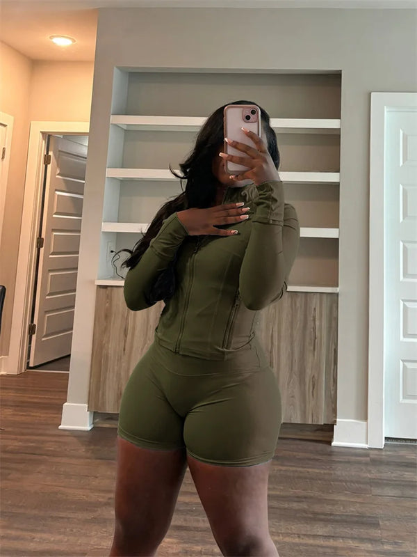 Fall Siold Bodycon Zipper Crop Top Women Tracksuits Sets+Trousers Women Black Gray 2 Two Pieces Matching Leggings Shorts Suits