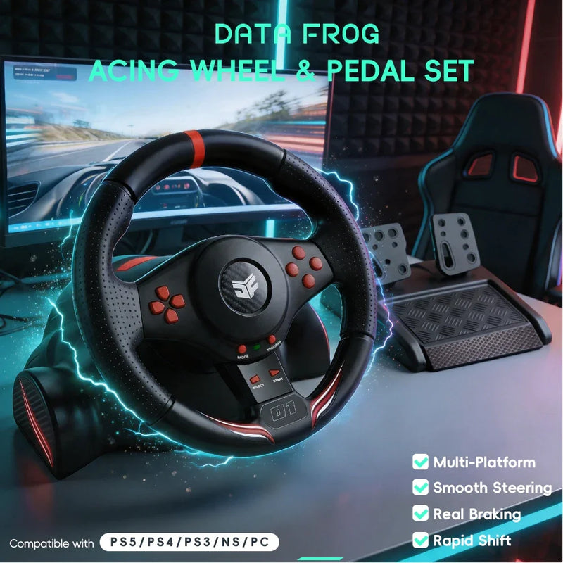 Data Frog Dual Vibration Racing Steering Wheel 270 Rotation Game Driving Wheel with Pedal Gear Shifter for PS5 PS4 PC