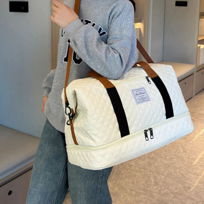 Convenient Shoe Pocket Motorbike Travel Bag Quilted Fabric, Lightweight Carry-on Duffle for Outdoor Weekend Short Trips