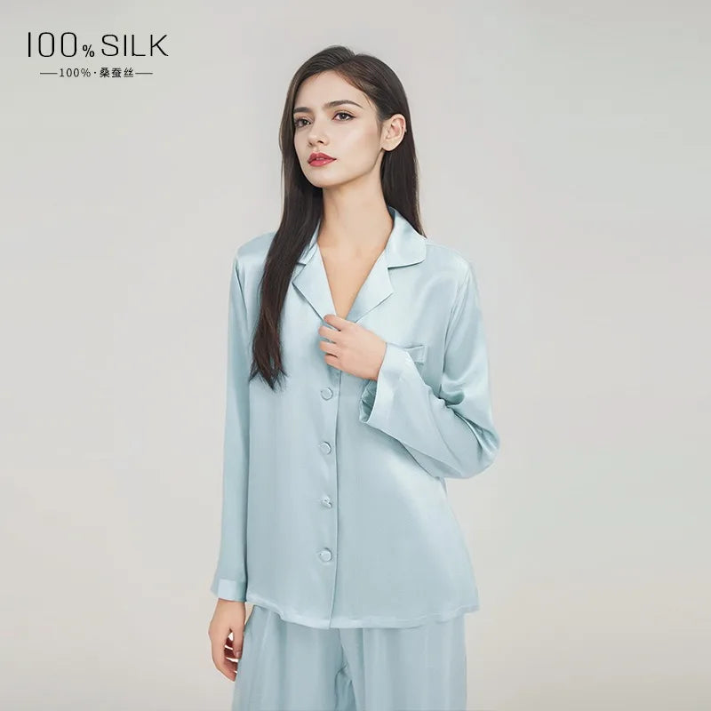 2025 Summer New 100% Mulberry Silk Long-Sleeve Long Pants 2PCS Sets Women's Pajama Set European  American Style Loungewear