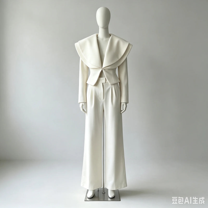 Laur 2026 Oversized Double Layer Lapel Cropped Blazer Two Piece Set High Waist Wide Leg Trousers Elegant Formal Matching Outfit
