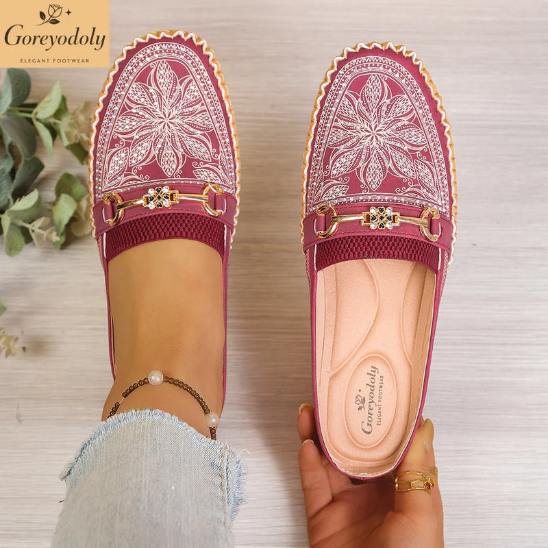 Goreyodoly women mule flats rhinestone cutout shoes chain detail elastic slip on wide fit lightweight soft sole comfort shoes