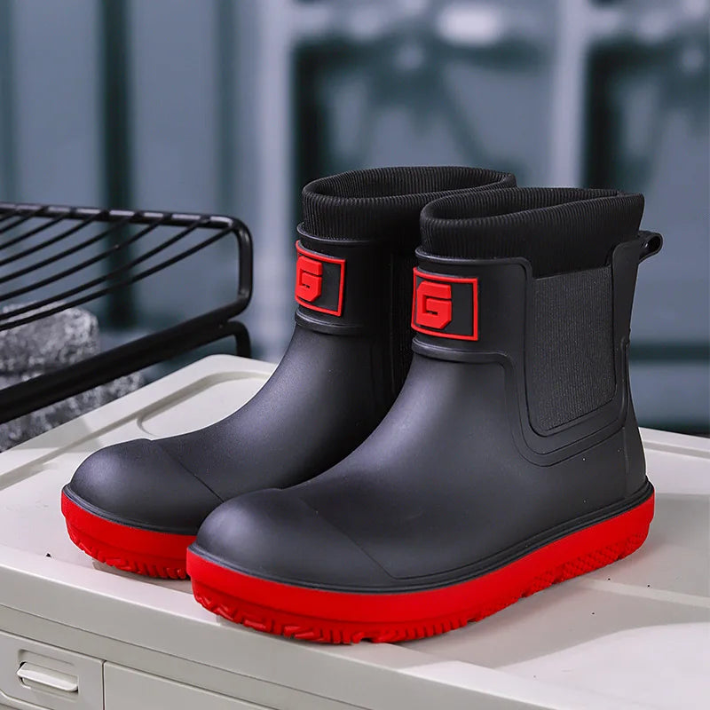 New Mens Rain Boots Outdoor Short Tube Sports Shoes Fishing Nonslip Work Garden Rubber Shoes Water Kitchen Ankle Shoes Keep Warm