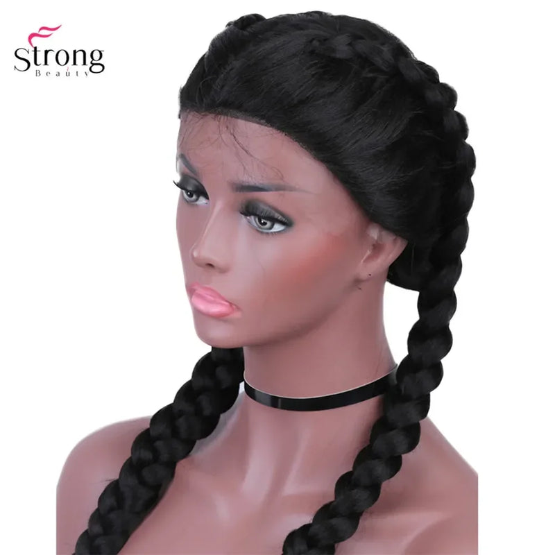 StrongBeauty Two French Braid Hairstyles Lace Front Wigs for women Synthetic lace Wig Long Black