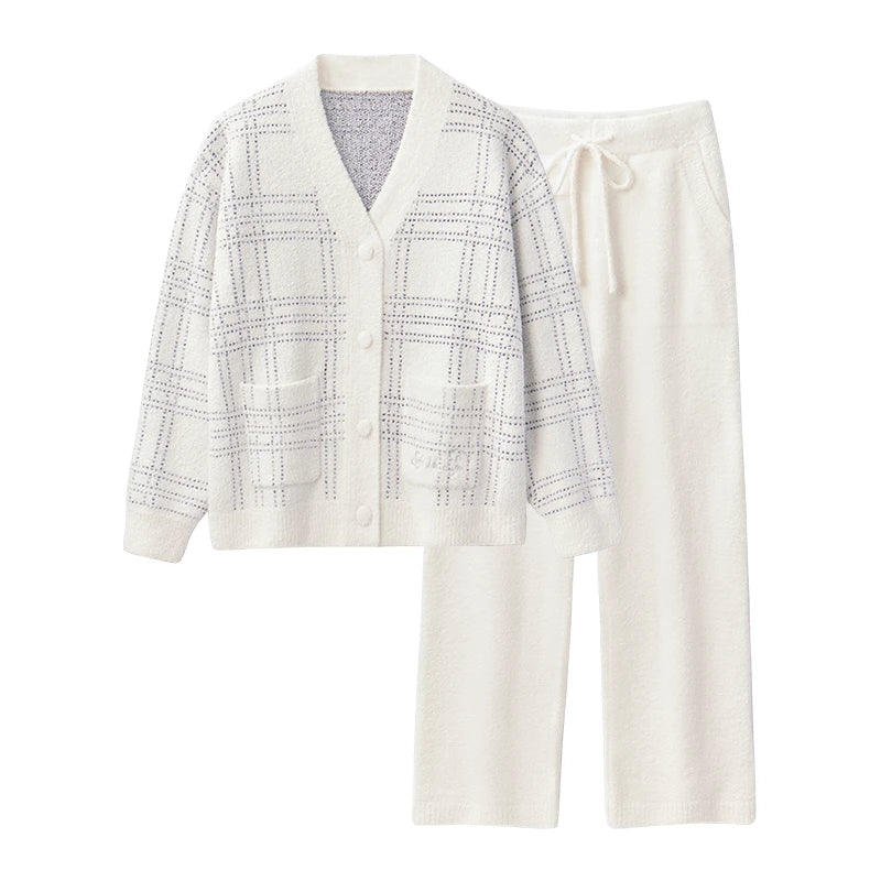 SUJIIN Women 2 Piece Outfits Pajamas Set Autumn Winter Casual Sleepwear Woman Striped Cardigan Tops Trousers Loungewear SH006